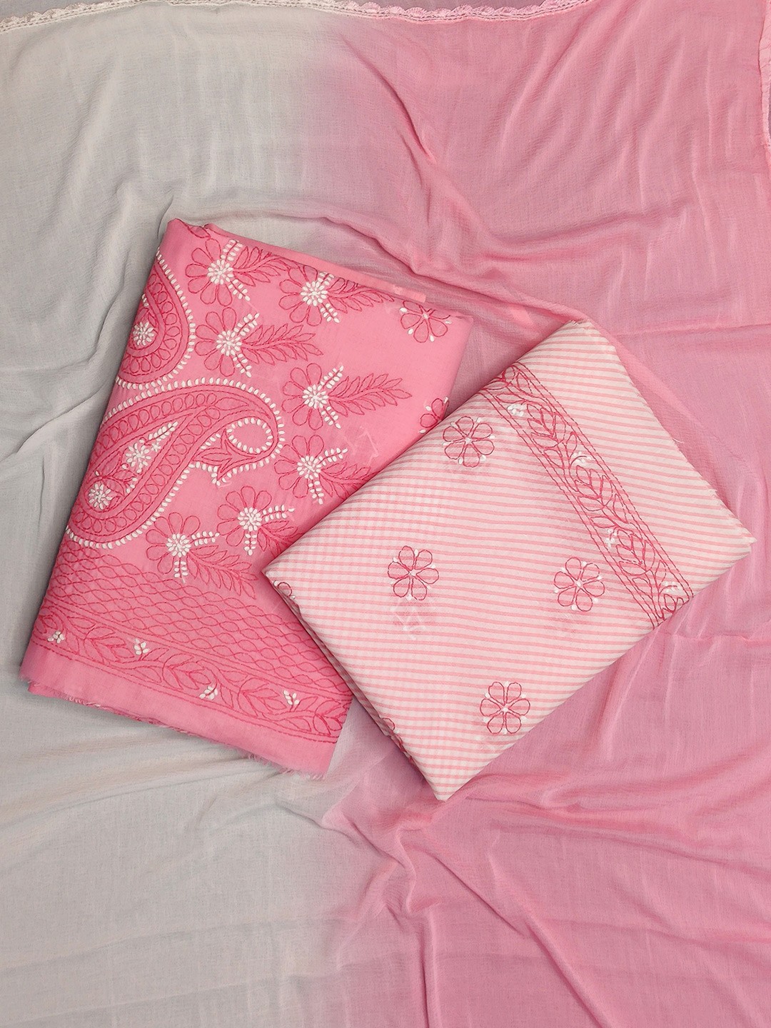 

Seva Chikan Floral Lucknowi Chikankari Embroidered Unstitched Dress Material, Pink