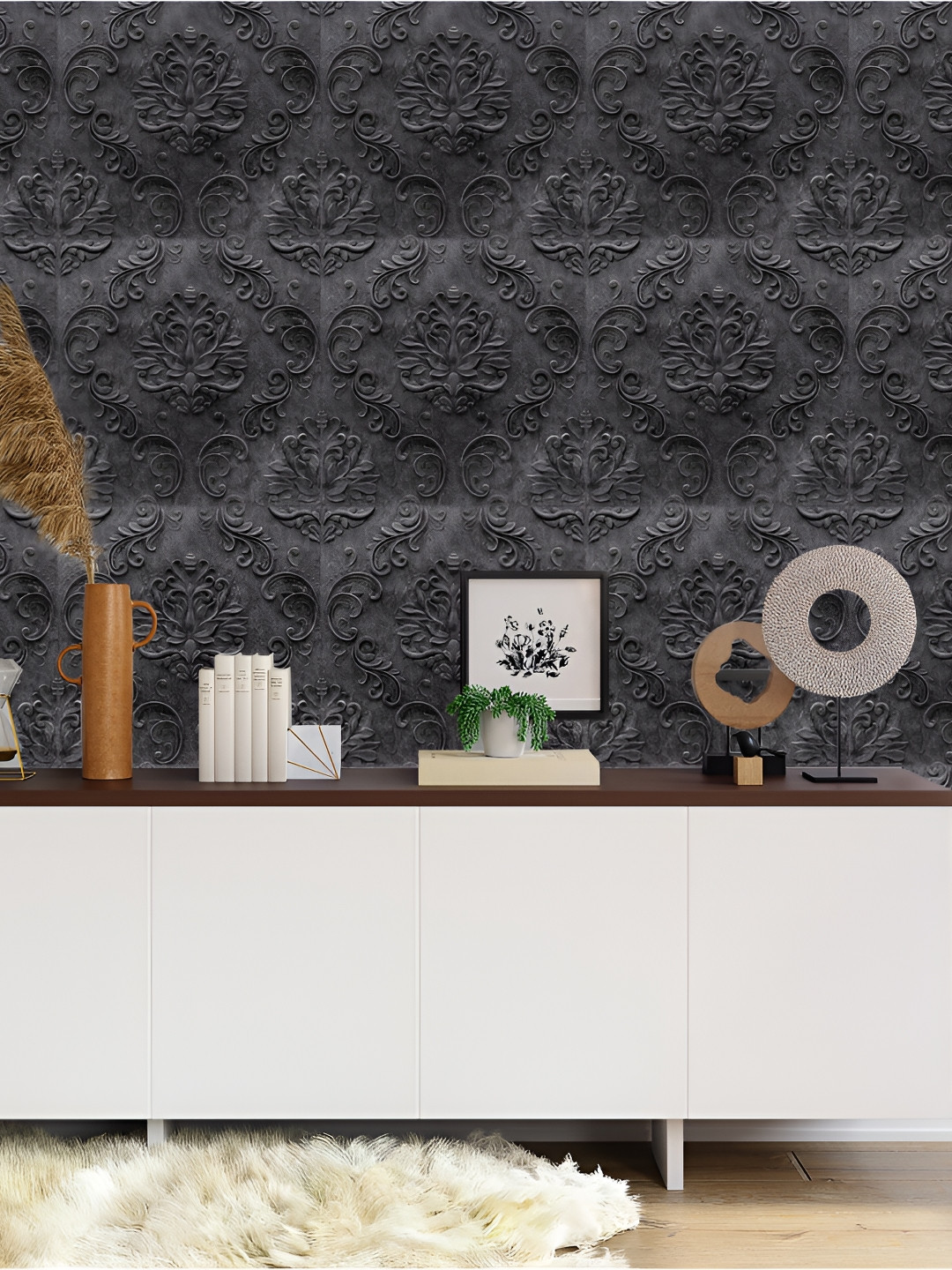 

KAYRA DECOR Grey 12 Pieces Damask Design 3D Self Adhesive Wallpaper