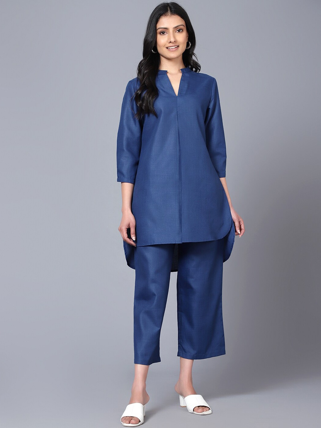

BAESD Mandarin Collar High Low Tunic With Trouser, Blue