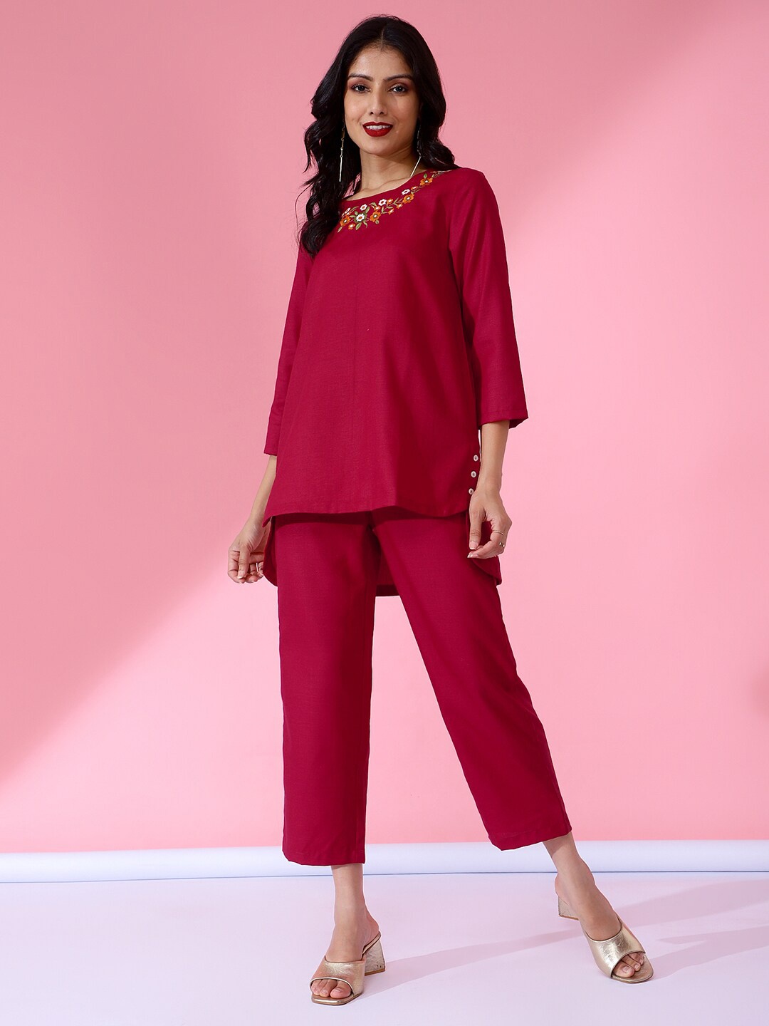 

BAESD Embroidered Round Neck Tunic With Trousers, Red