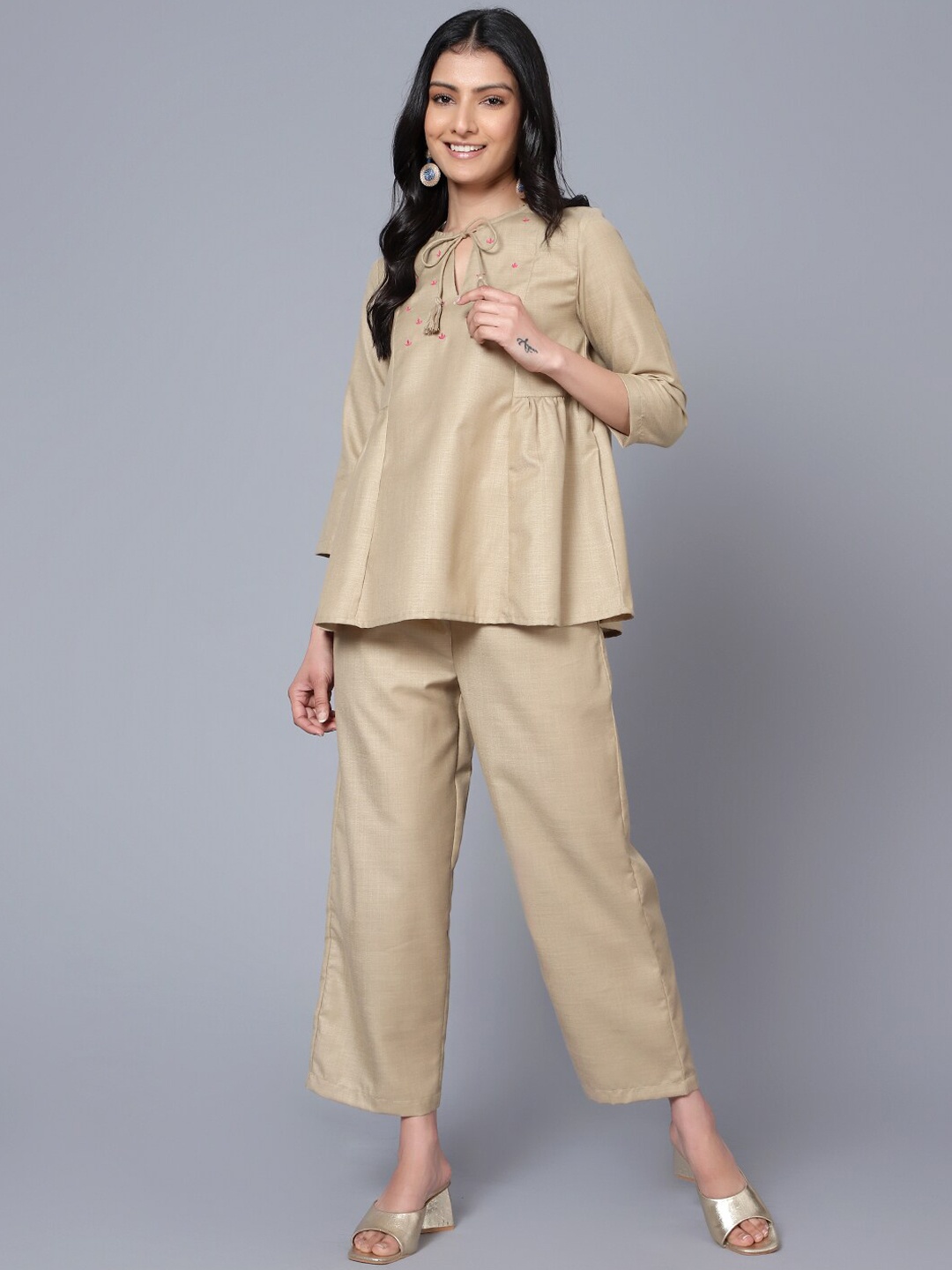

BAESD Embroiderd Top With Trousers Co-Ords, Brown