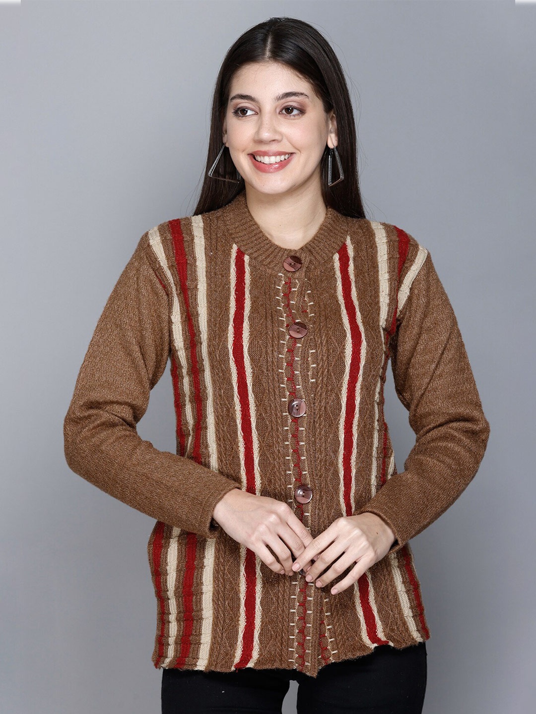 

GODFREY Self Design Cable Knit Acrylic Cardigan, Brown