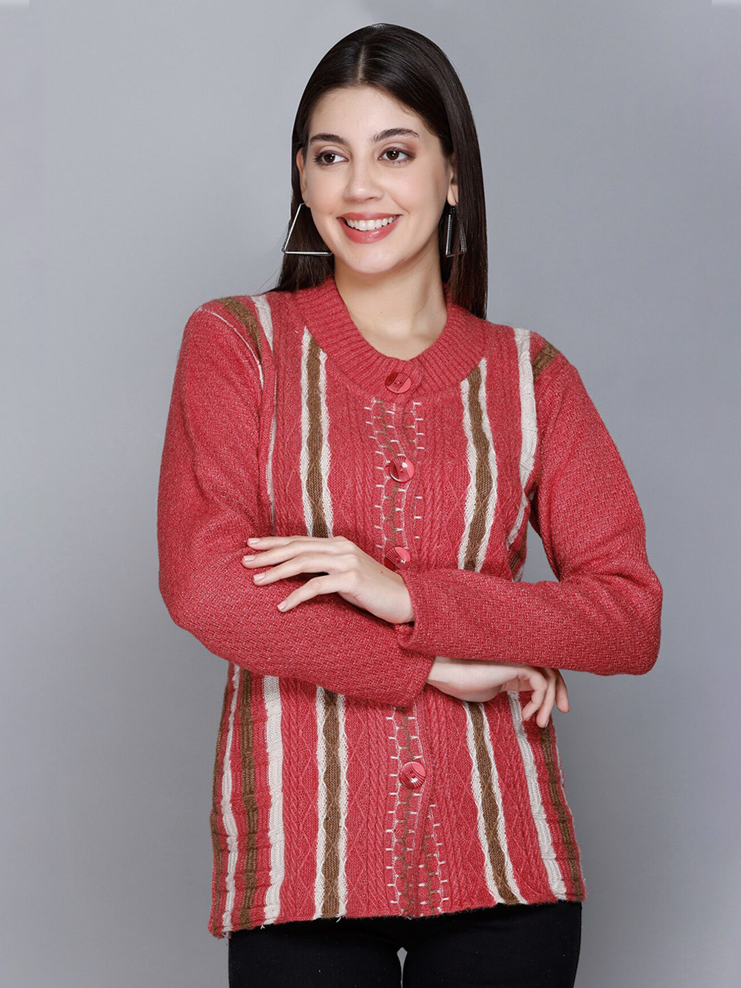 

GODFREY Self Design Cable Knit Acrylic Cardigan, Pink