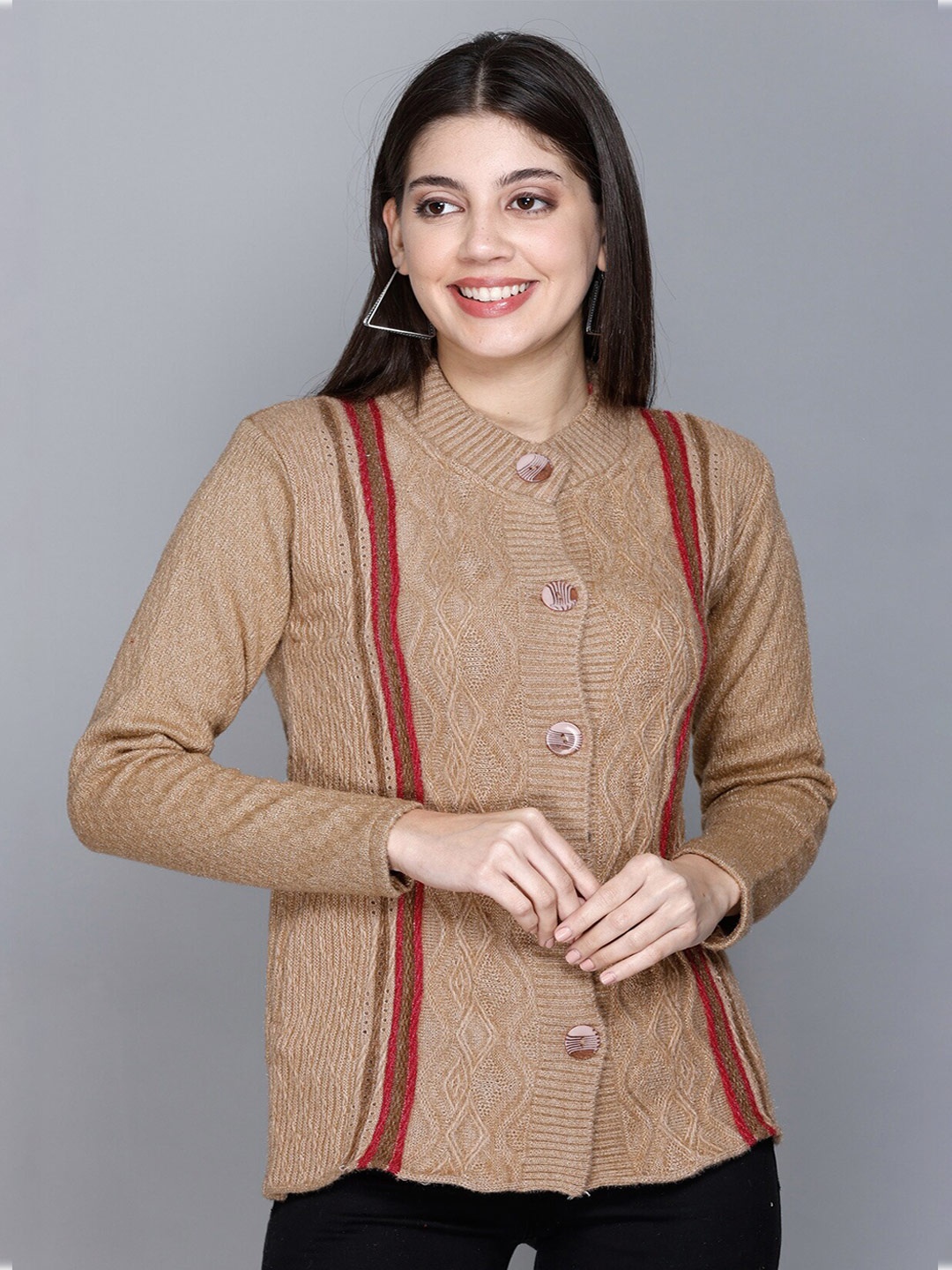 

GODFREY Cable Knit Self Design Acrylic Cardigan, Beige
