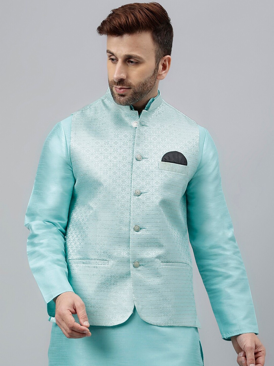 

Hangup Woven-Design Mandarin Collar Nehru Jacket, Turquoise blue