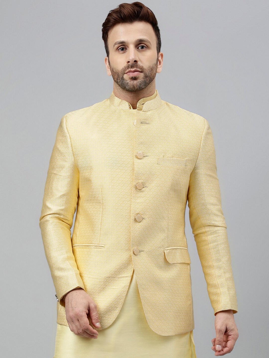 

Hangup Self Design Mandarin Collar Bandhgala Ethnic Blazer, Yellow