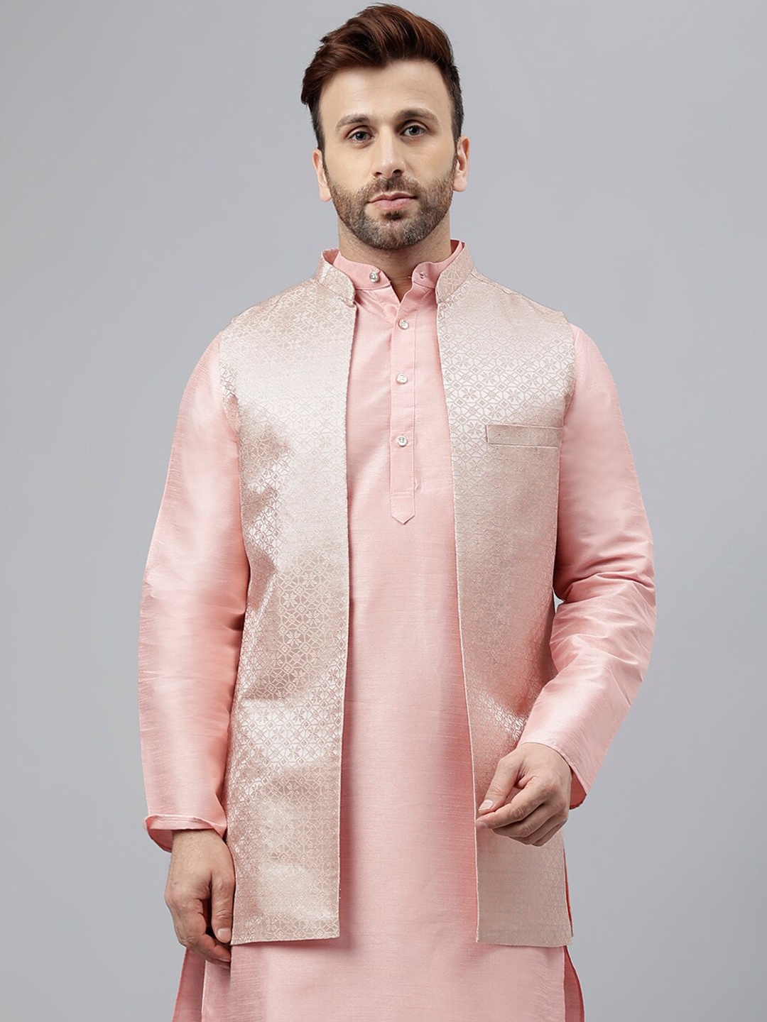 

Hangup Woven-Design Mandarin Collar Nehru Jacket, Pink