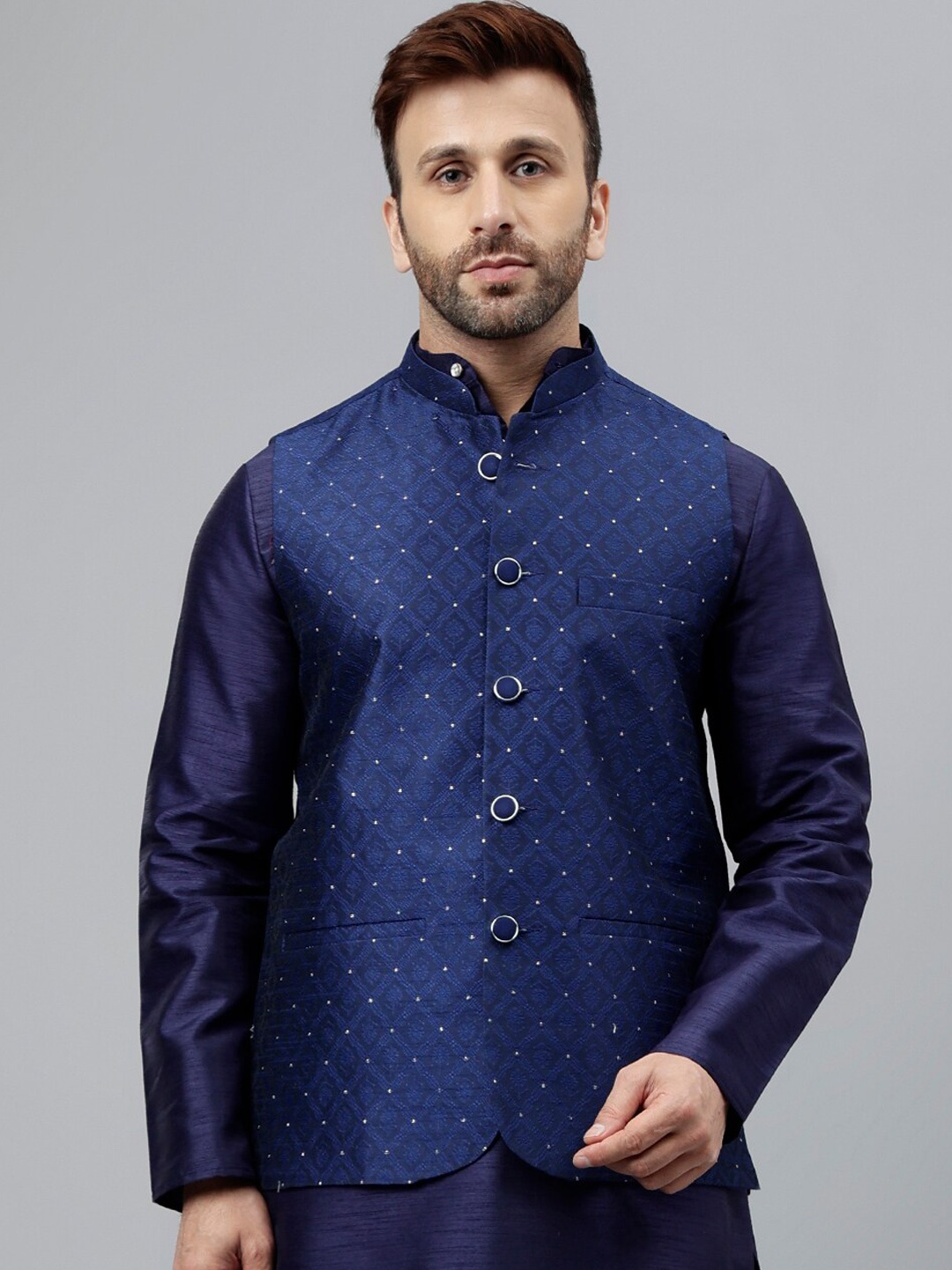 

Hangup Woven-Design Mandarin Collar Nehru Jacket, Navy blue