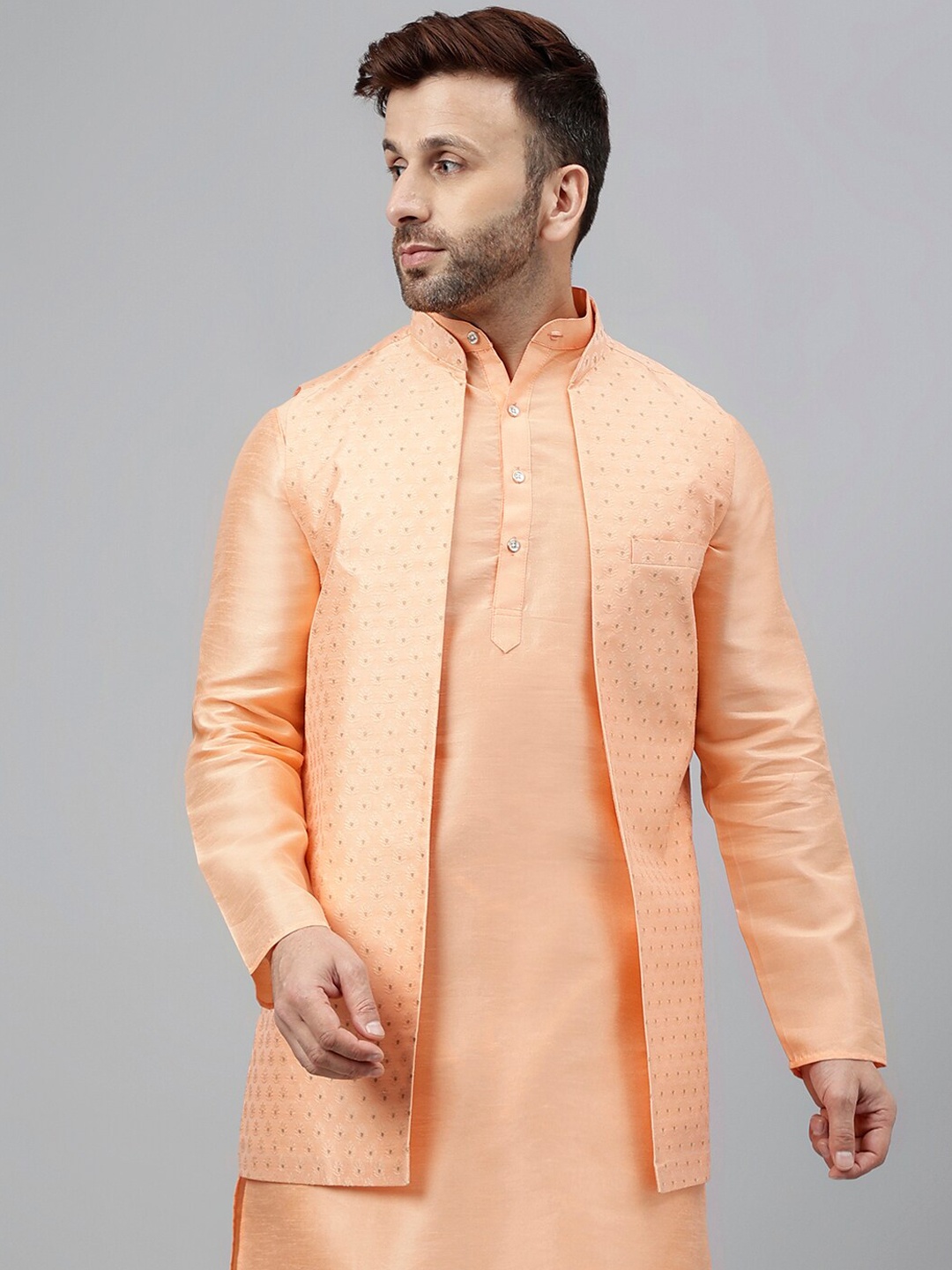 

Hangup Woven-Design Mandarin Collar Nehru Jacket, Peach