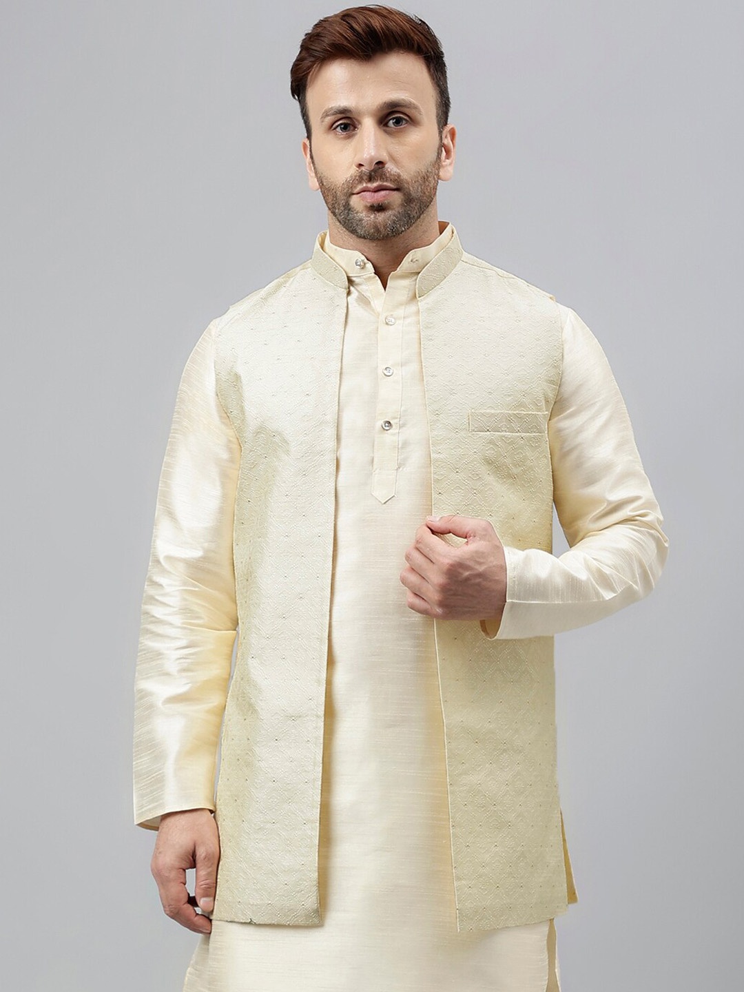 

Hangup Woven-Design Mandarin Collar Nehru Jacket, Off white