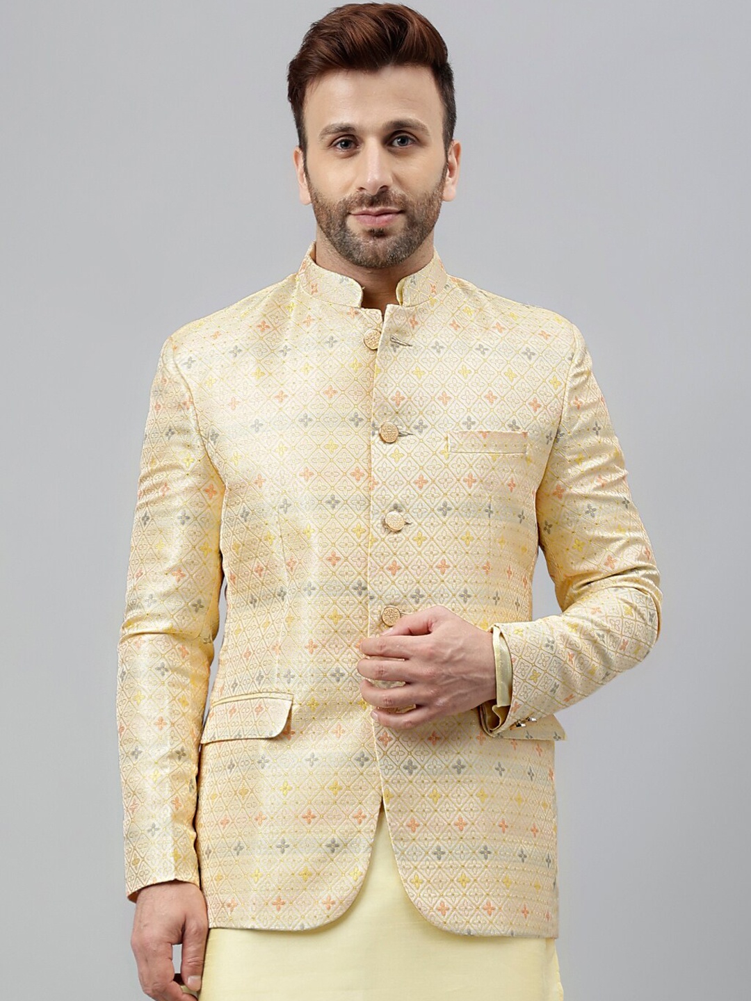 

Hangup Self Design Mandarin Collar Bandhgala Ethnic Blazer, Off white