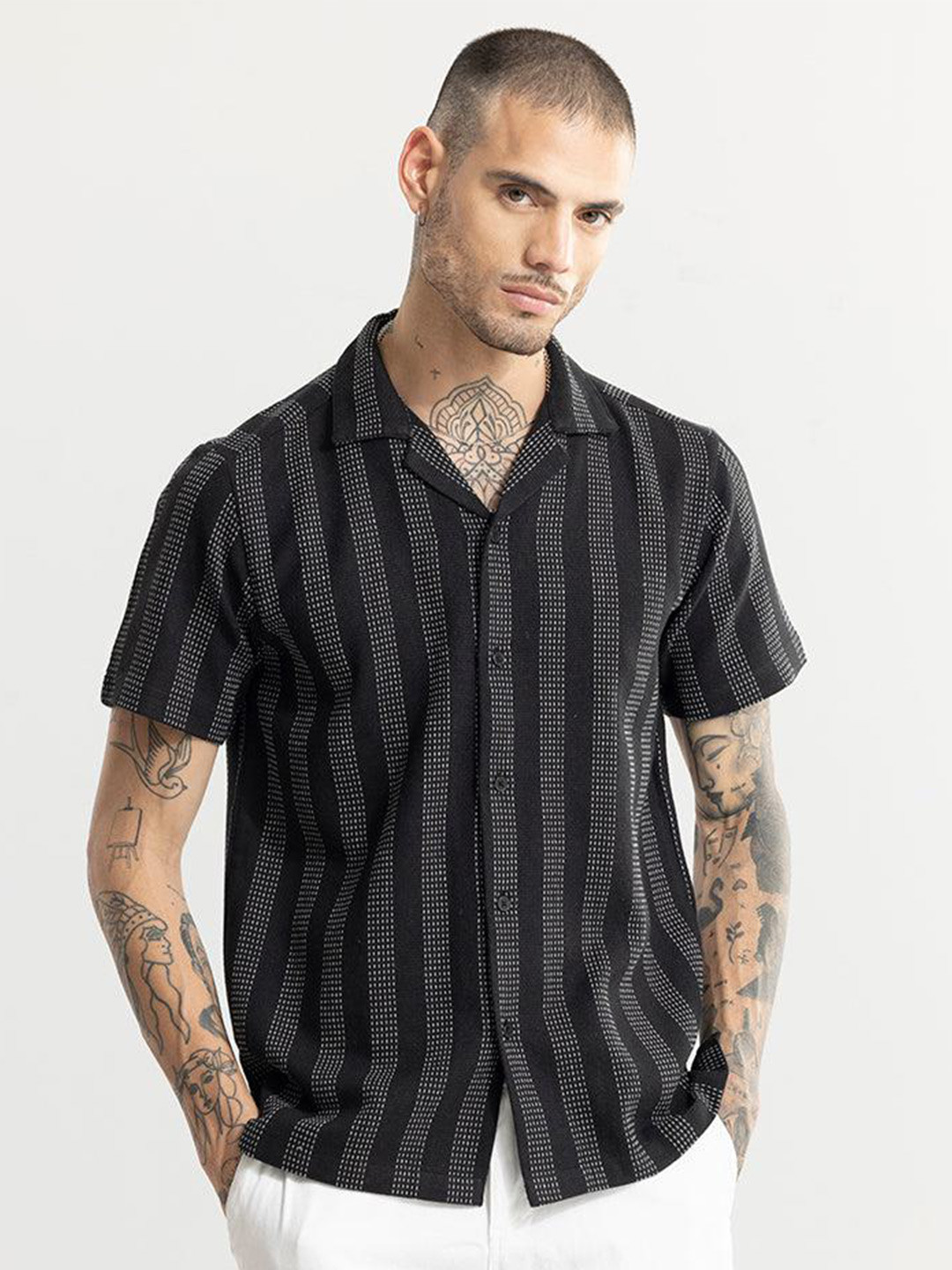 

Snitch Black Classic Boxy Cuban Collar Cotton Striped Casual Shirt