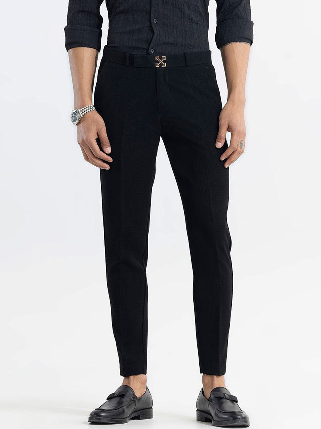 

Snitch Men Black Smart Slim Fit Regular Trousers