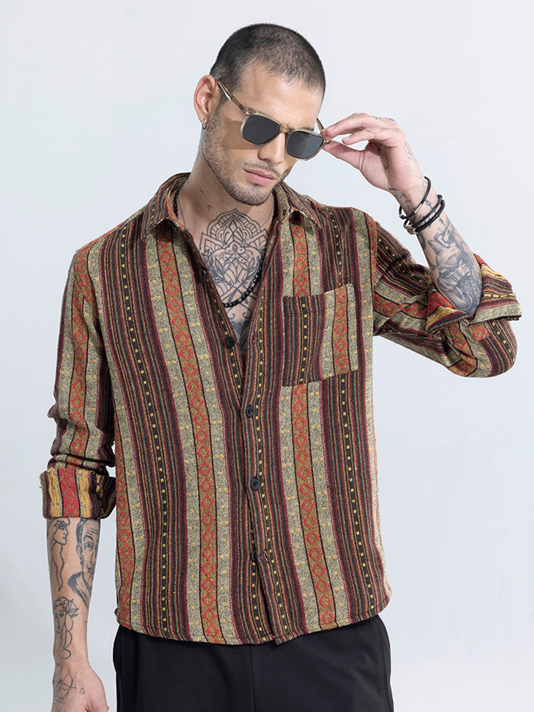 

Snitch Brown Classic Oversized Printed Spread Collar Long Sleeves Cotton Casual Shirt