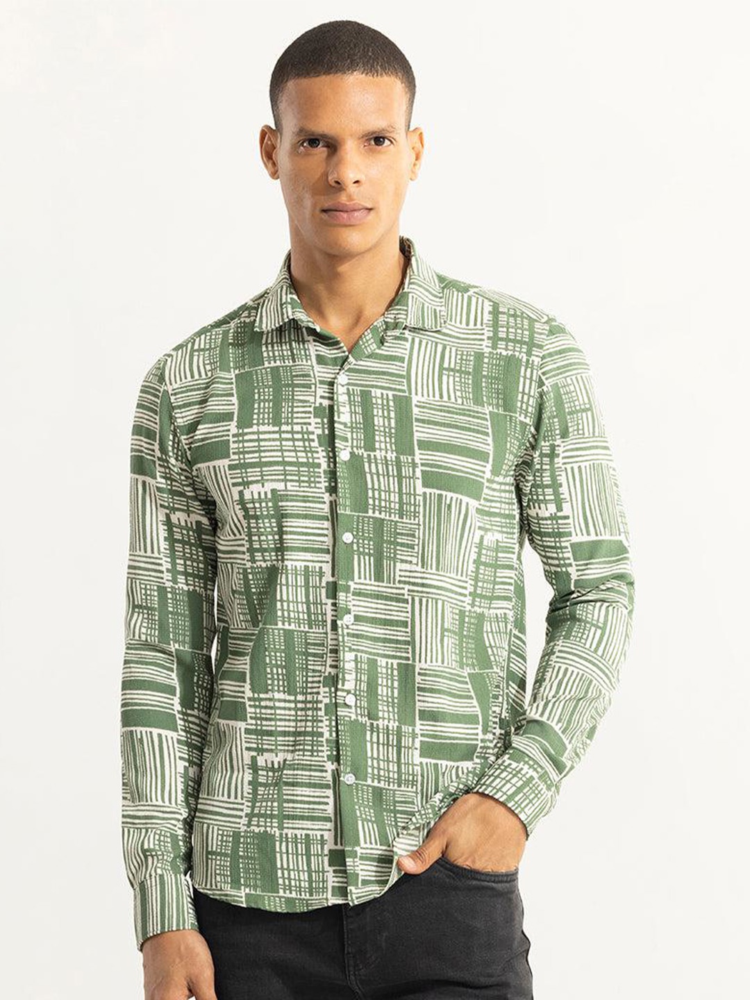 

Snitch Striped Cotton Spread Collar Classic Slim Fit Printed Casual Shirt, Green