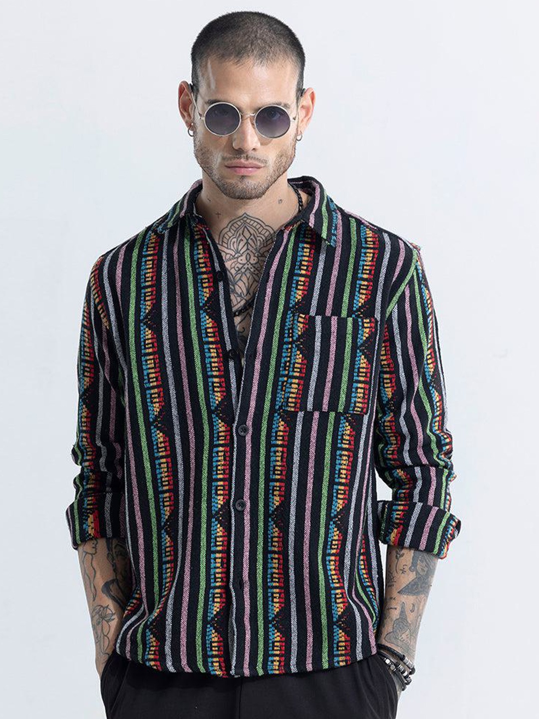 

Snitch Striped Spread Collar Oversized Classic Printed Casual Shirt, Black