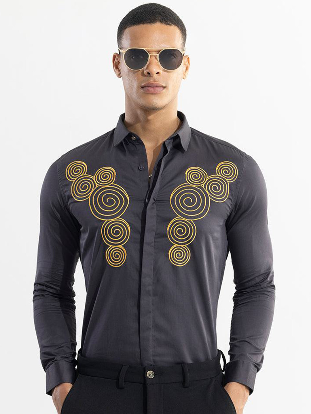 

Snitch Printed Spread Collar Classic Slim Fit Casual Shirt, Grey