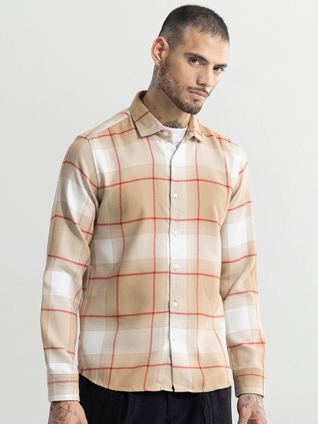 

Snitch Beige Classic Slim Fit Checked Cotton Casual Shirt