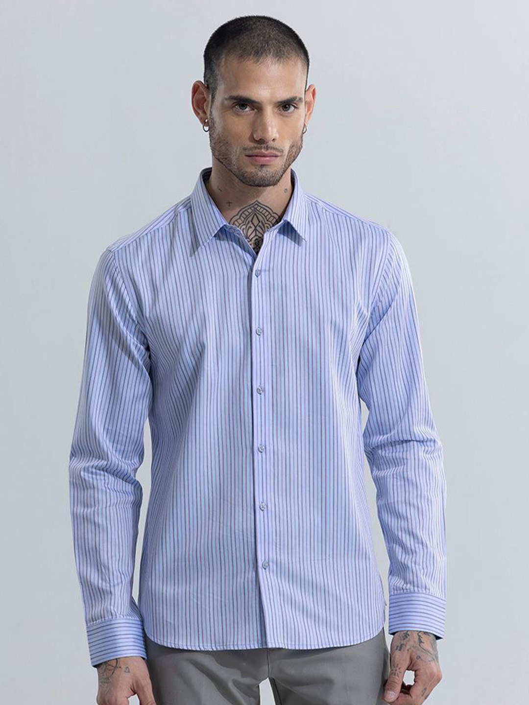 

Snitch Blue Classic Slim Fit Vertical Stripes Cotton Casual Shirt