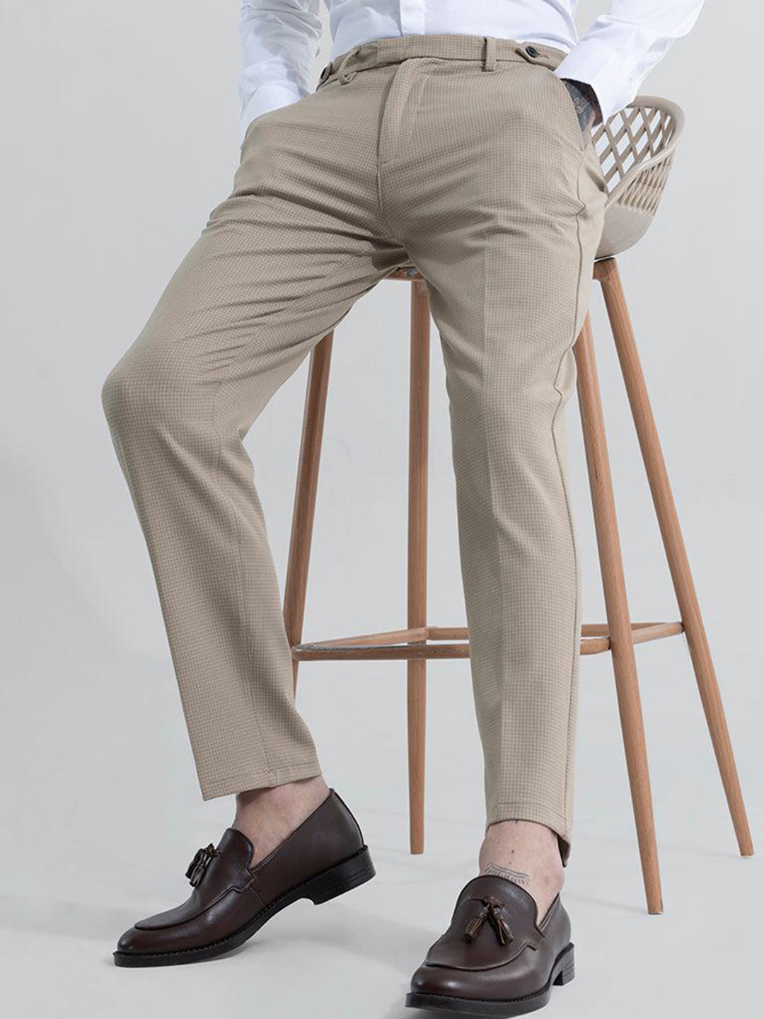

Snitch Men Mid-Rise Cotton Smart Slim Fit Formal Trousers, Cream