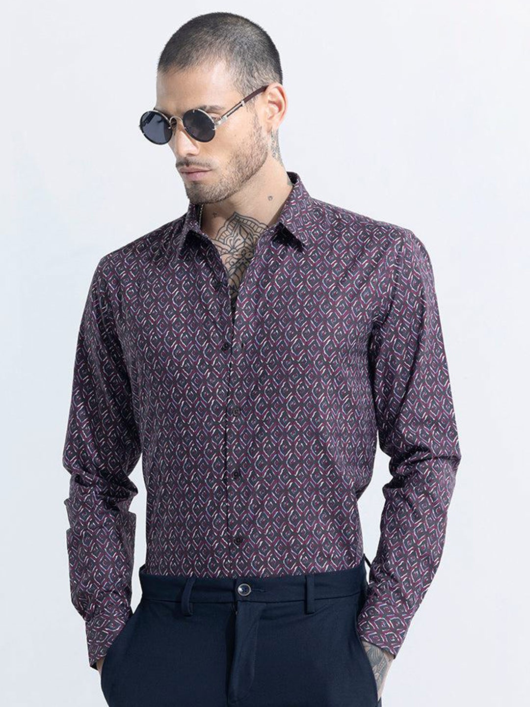 

Snitch Maroon Classic Slim Fit Printed Cotton Casual Shirt