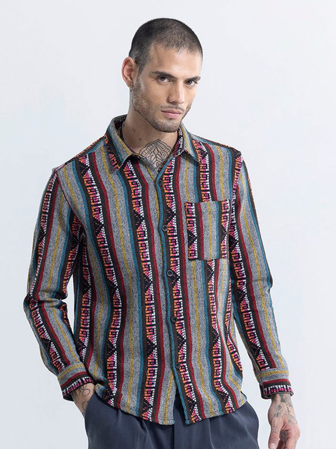 

Snitch Grey Classic Vertical Stripes Printed Cotton Casual Shirt