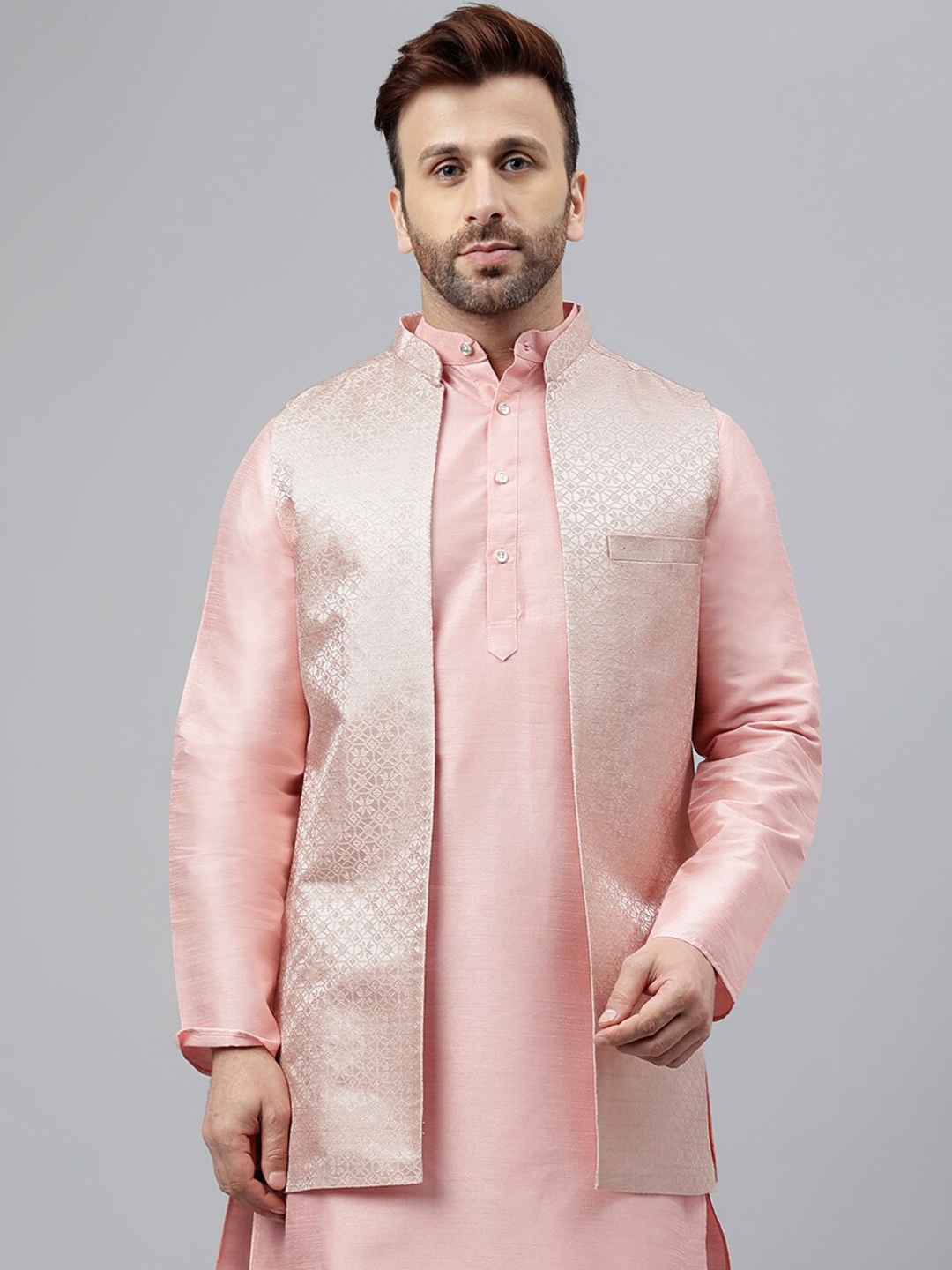 

hangup plus Woven-Design Mandarin Collar Nehru Jacket, Pink