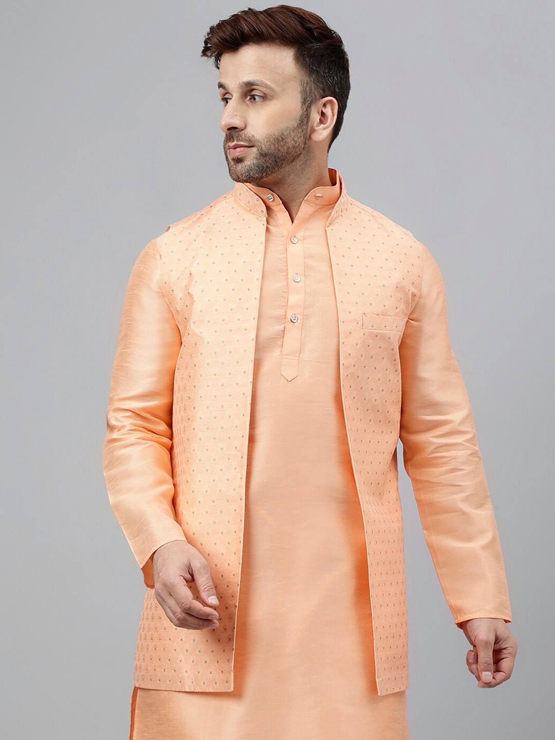 

hangup plus Woven-Design Mandarin Collar Nehru Jacket, Peach