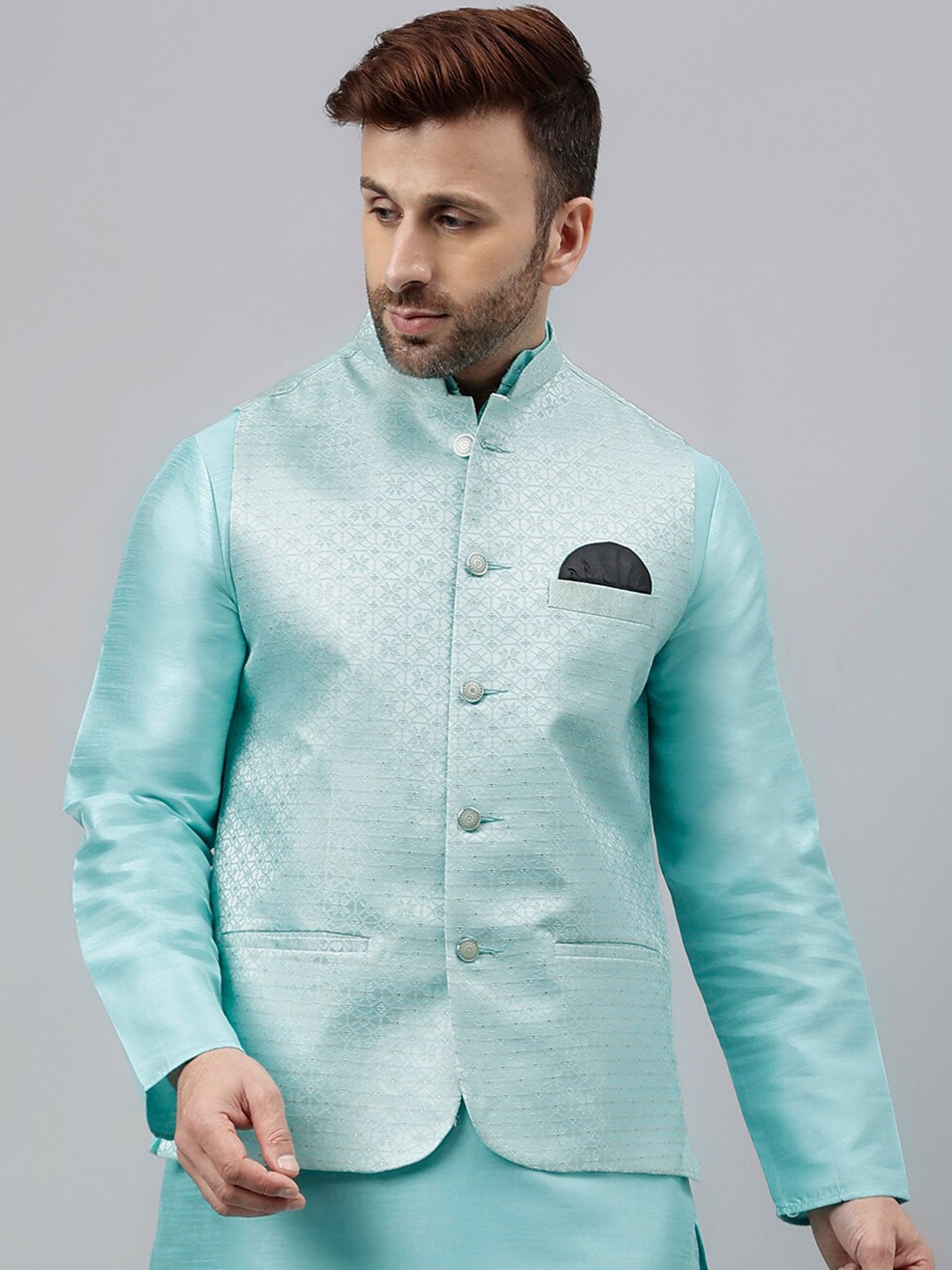 

hangup plus Woven-Design Mandarin Collar Nehru Jacket, Turquoise blue
