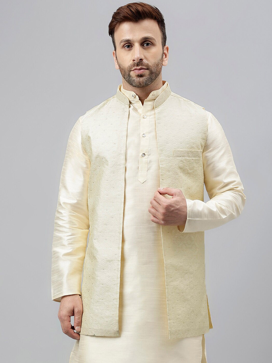 

hangup plus Woven-Design Mandarin Collar Nehru Jacket, Off white
