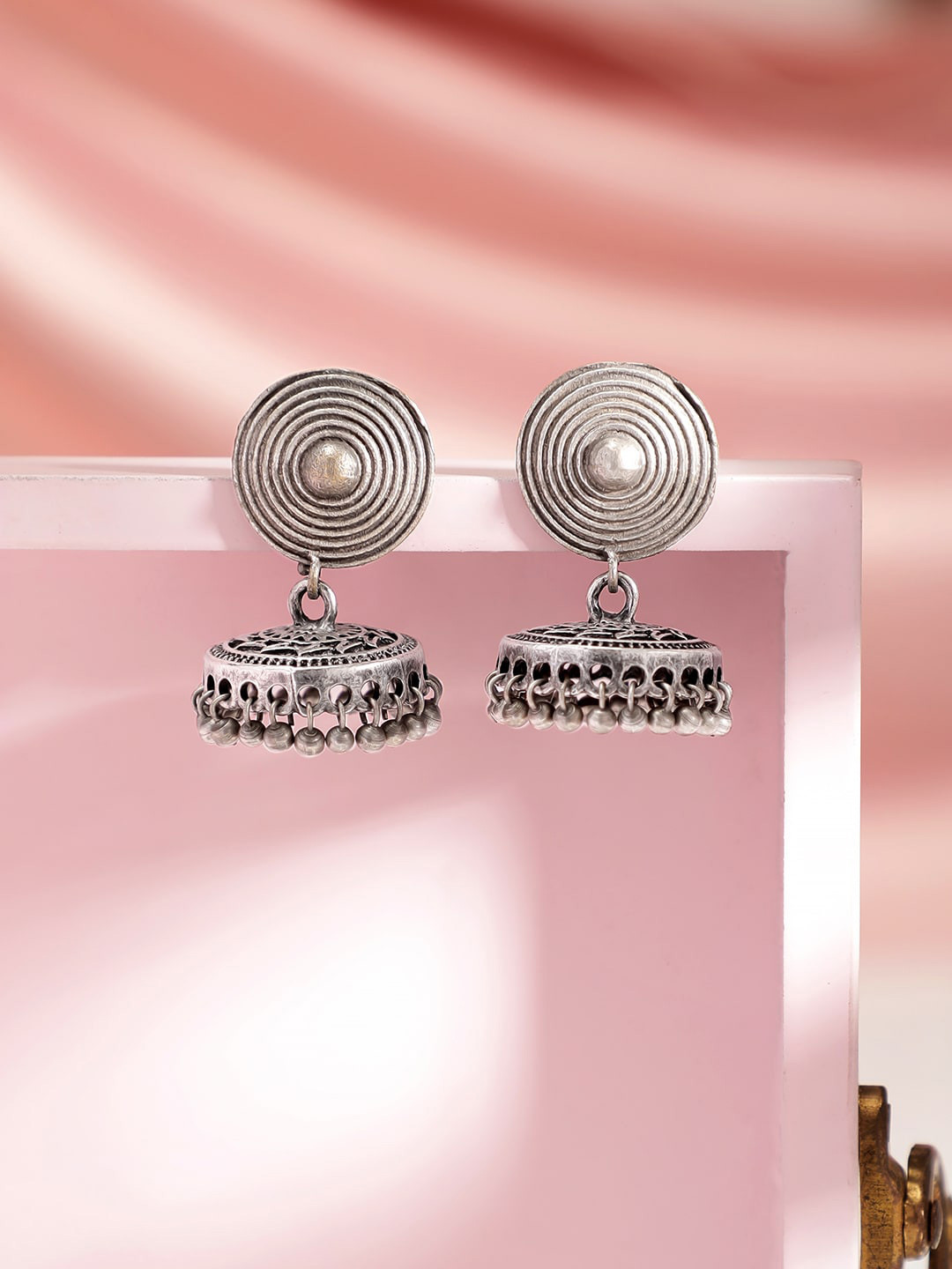 

Rubans Silver-Plated Oxidised Dome Shaped Jhumkas