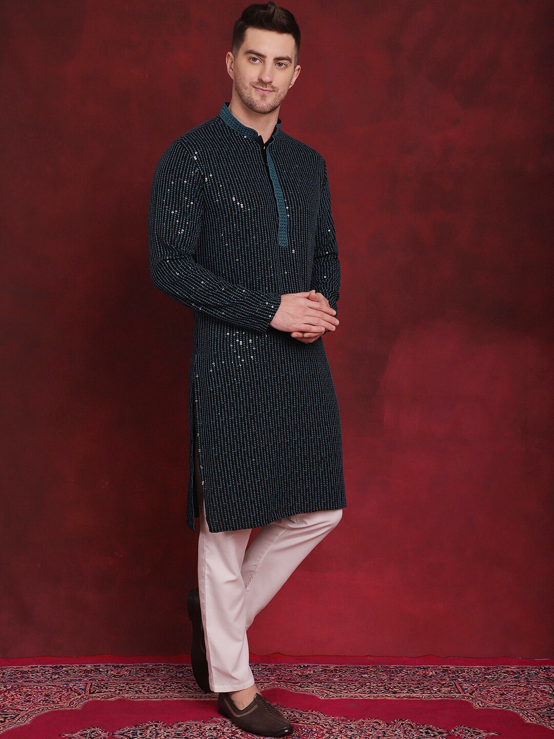 

Jompers Chikankari Embroidered Regular Sequinned Straight Kurta With Pyjamas, Black