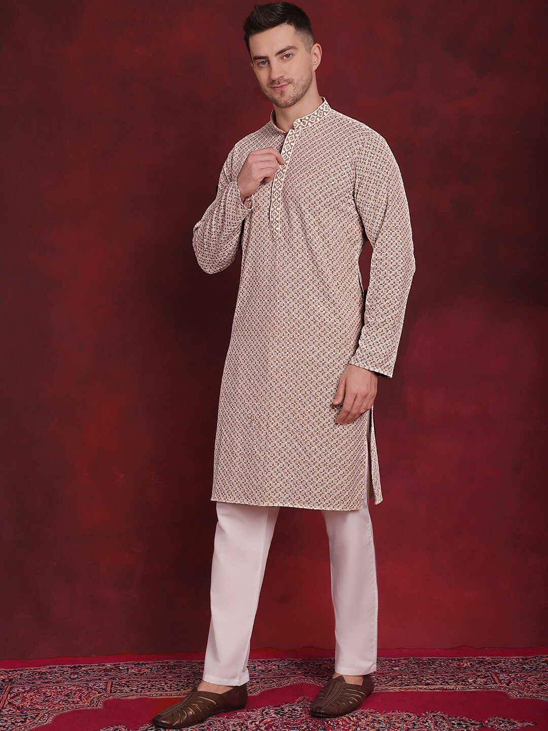 

Jompers Embroidered Regular Sequinned Pure Cotton Straight Kurta With Pyjamas, Beige