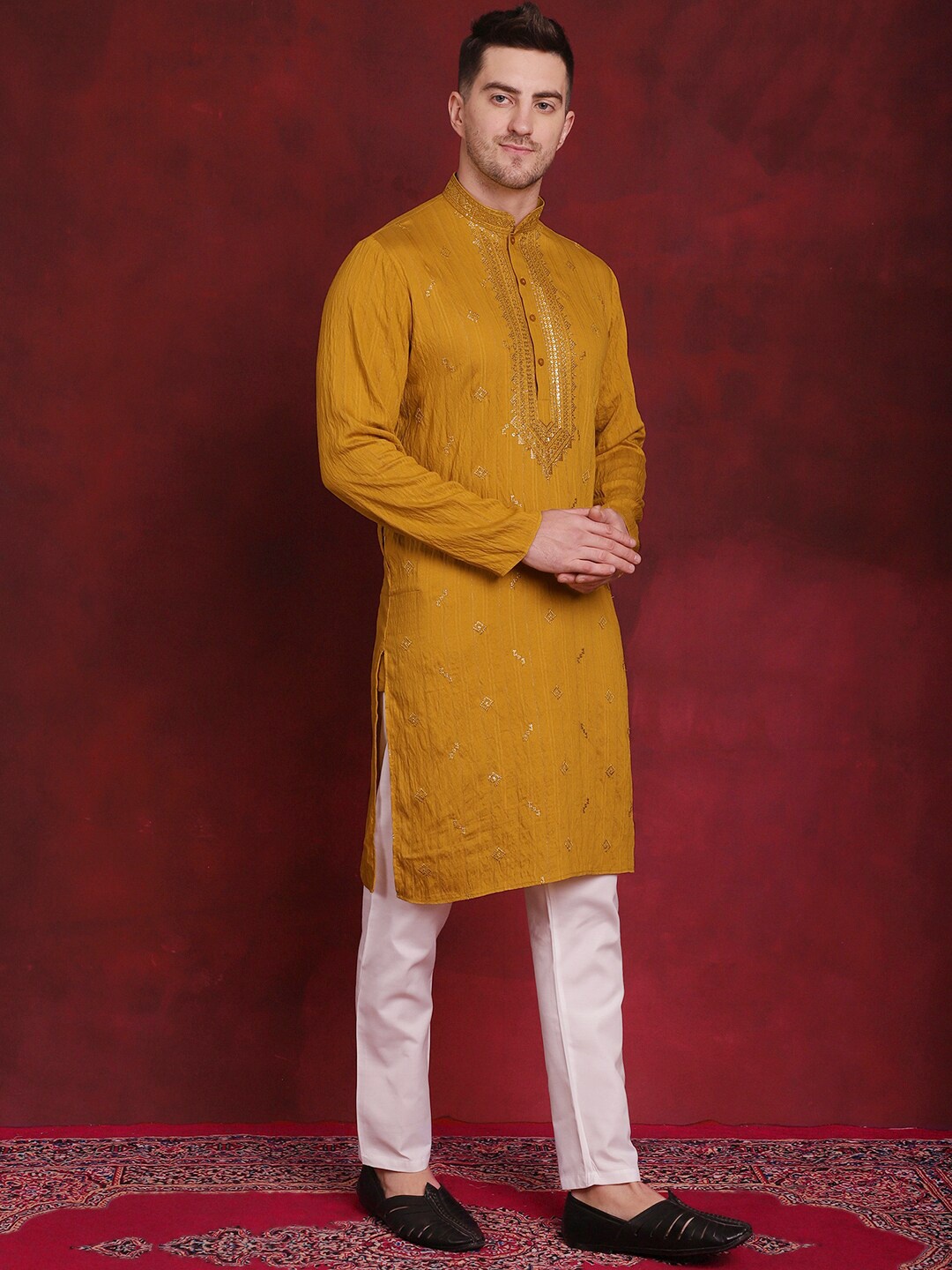 

Jompers Yellow Embroidered Regular Sequinned Straight Kurta With Pyjamas, Mustard