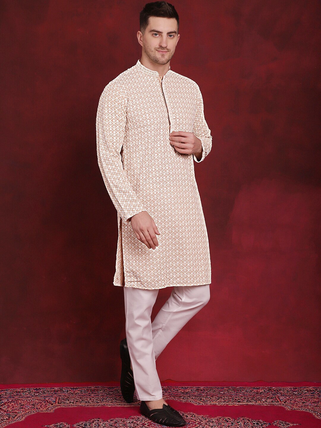 

Jompers Embroidered Regular Sequinned Pure Cotton Kurta with Pyjamas, Beige