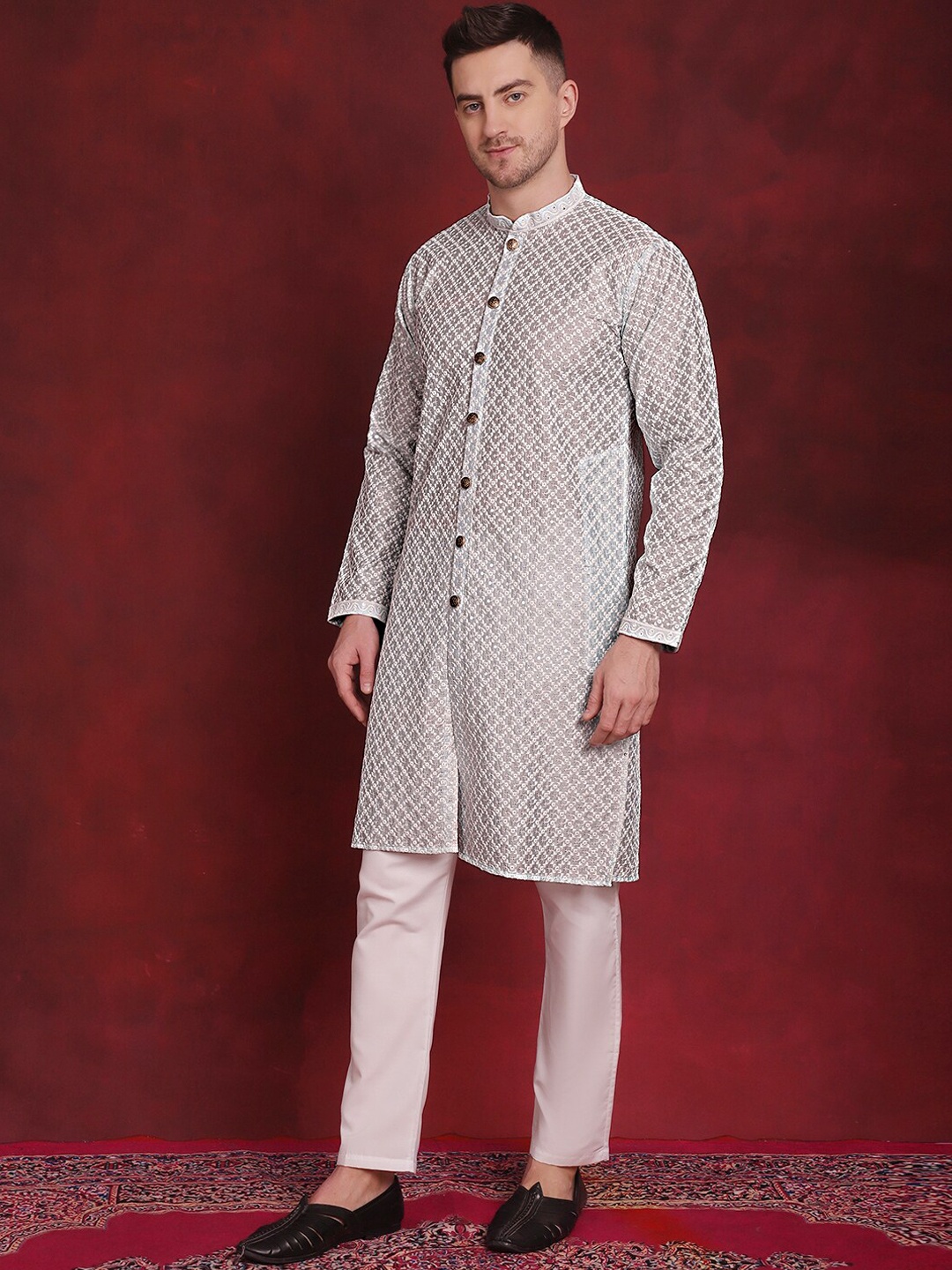 

Jompers Embroidered Regular Sequinned Kurta with Pyjamas, Beige