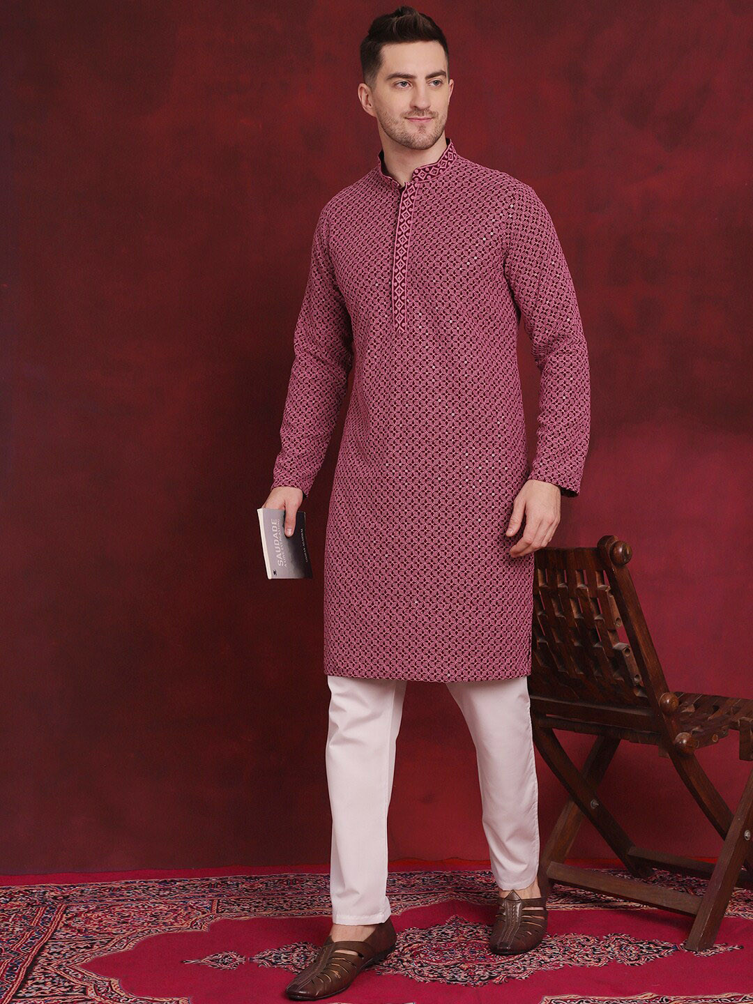 

Jompers Embroidered Regular Sequinned Pure Cotton Kurta with Pyjamas, Magenta