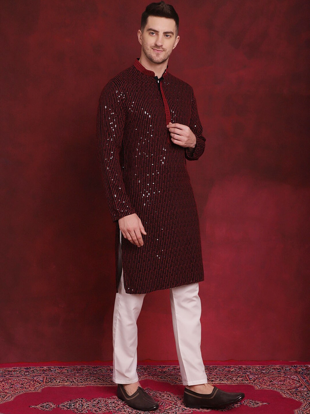 

Jompers Embroidered Regular Sequinned Kurta with Pyjamas, Black