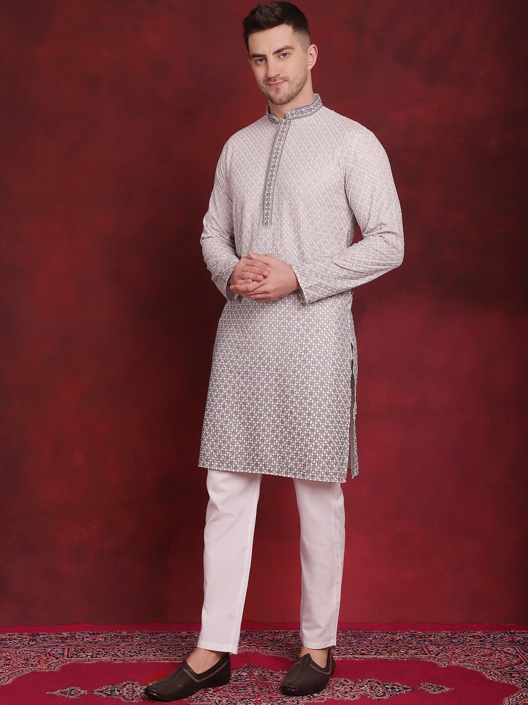 

Jompers Embroidered Regular Sequinned Kurta with Pyjamas, White