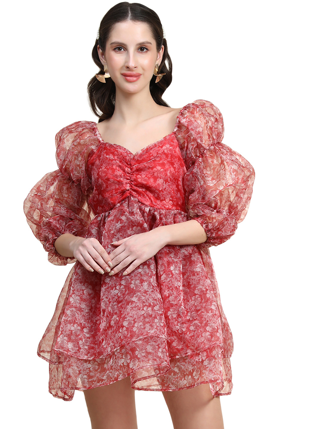 

Rujave Sweetheart Neck Puff Sleeve Applique Organza Fit & Flare Dress, Red