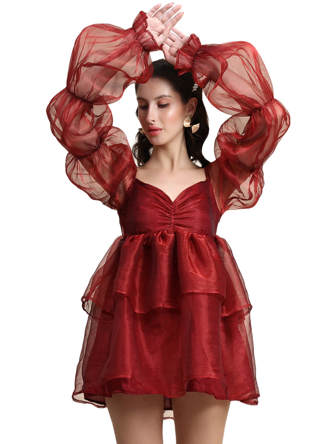 

Rujave Sweetheart Neck Puff Sleeve Applique Organza Fit & Flare Dress, Maroon