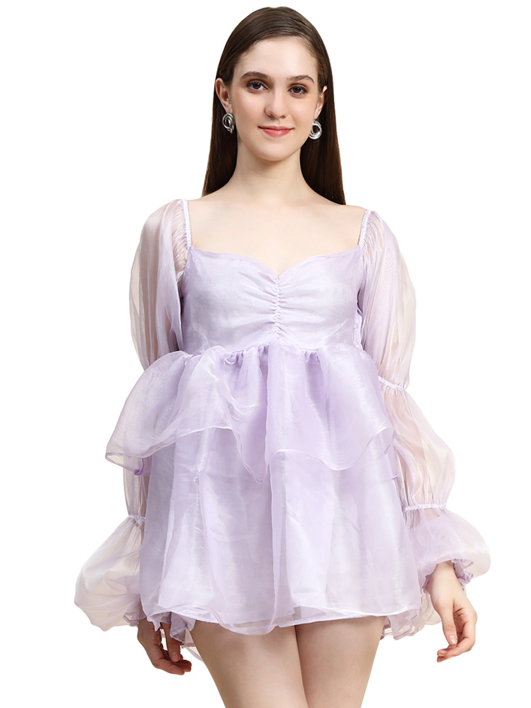 

Rujave Sweetheart Neck Puff Sleeve Applique Organza Fit & Flare Dress, Lavender