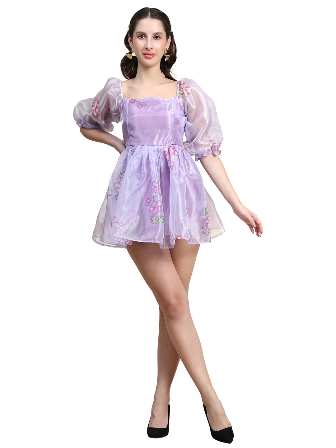 

Rujave Square Neck Puff Sleeve Applique Organza Fit & Flare Dress, Lavender