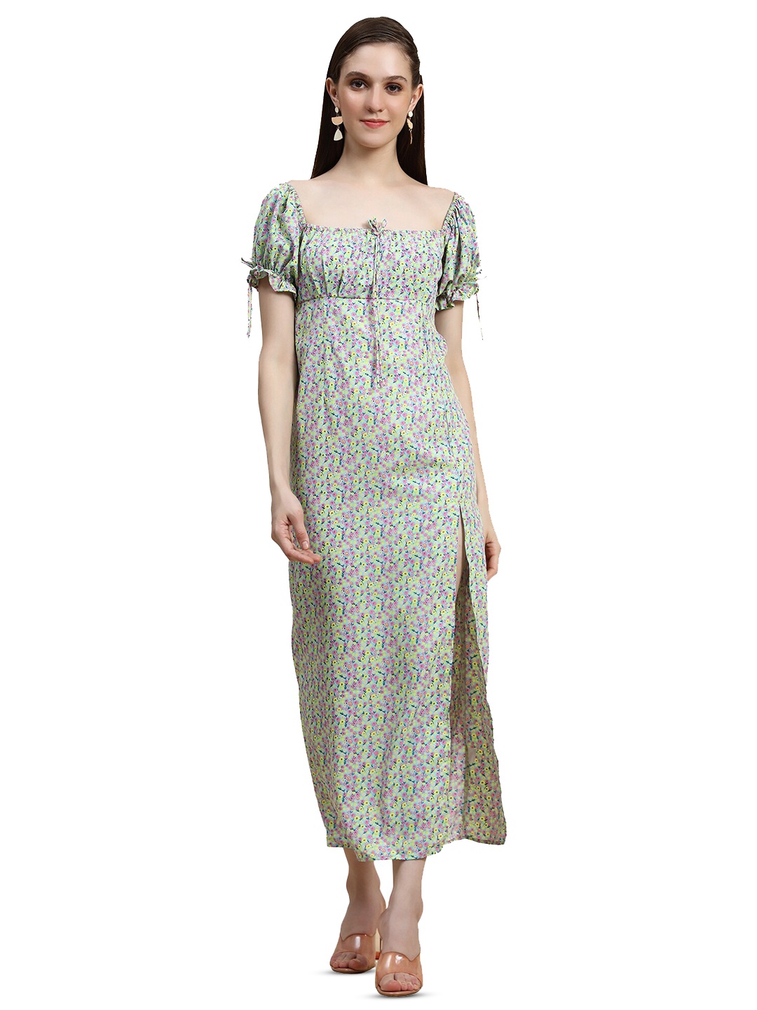 

Rujave Lime Green & Lime Green Print Flared Sleeve Crepe Maxi Dress