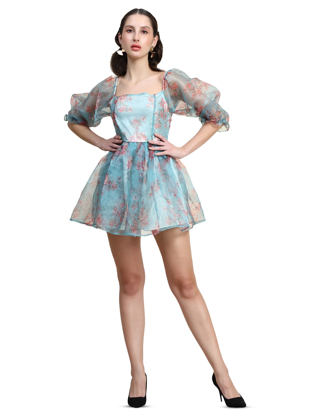 

Rujave Floral Print Puff Sleeve Applique Crepe Fit & Flare Dress, Blue