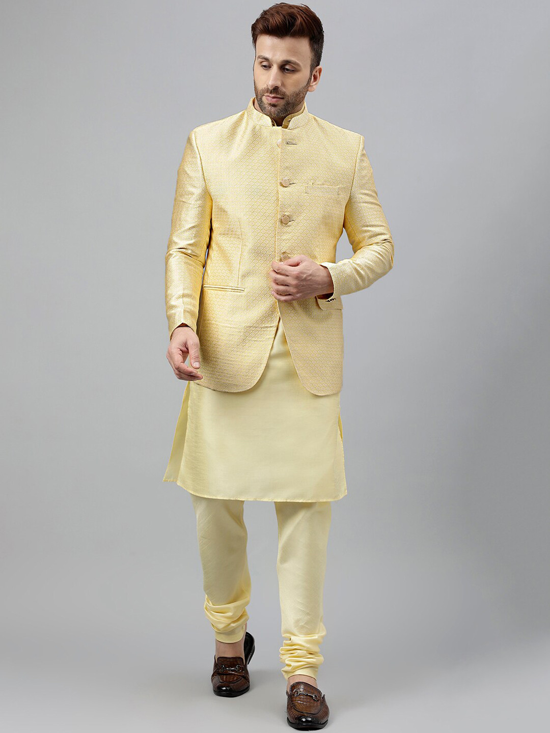 

hangup plus Geometric Mandarin Collar Kurta with Pyjamas, Yellow