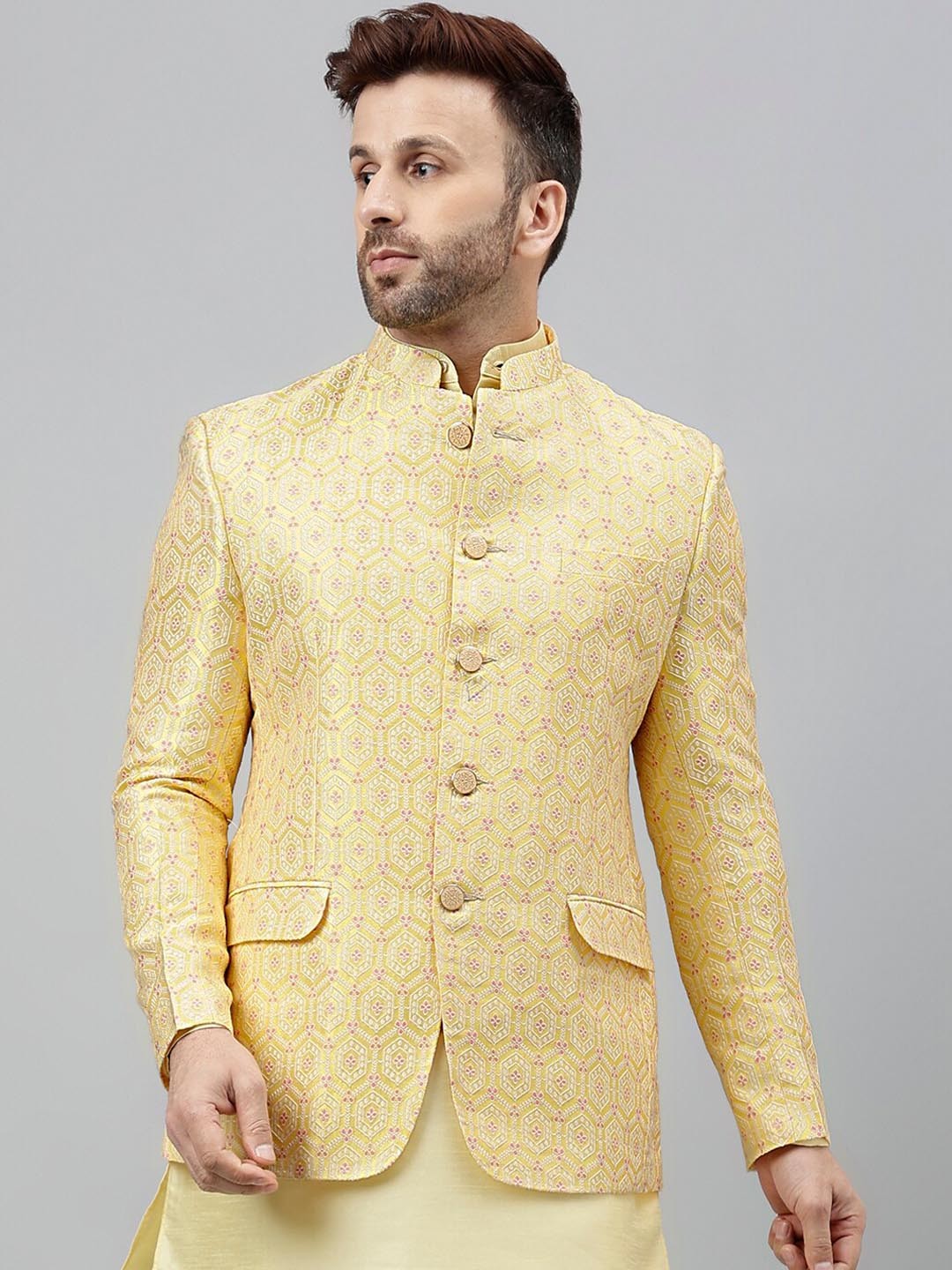 

hangup trend Self-Design Mandarin Collar Bandhagala Ethnic Blazers, Gold