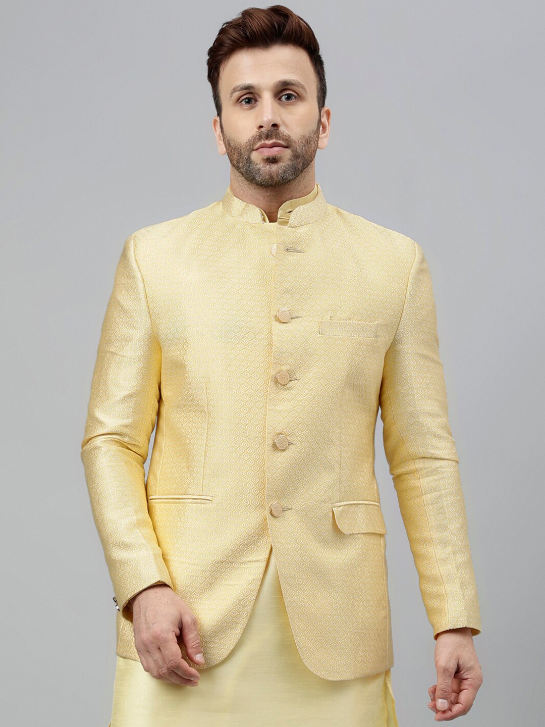 

hangup trend Self-Design Mandarin Collar Bandhagala Ethnic Blazers, Gold