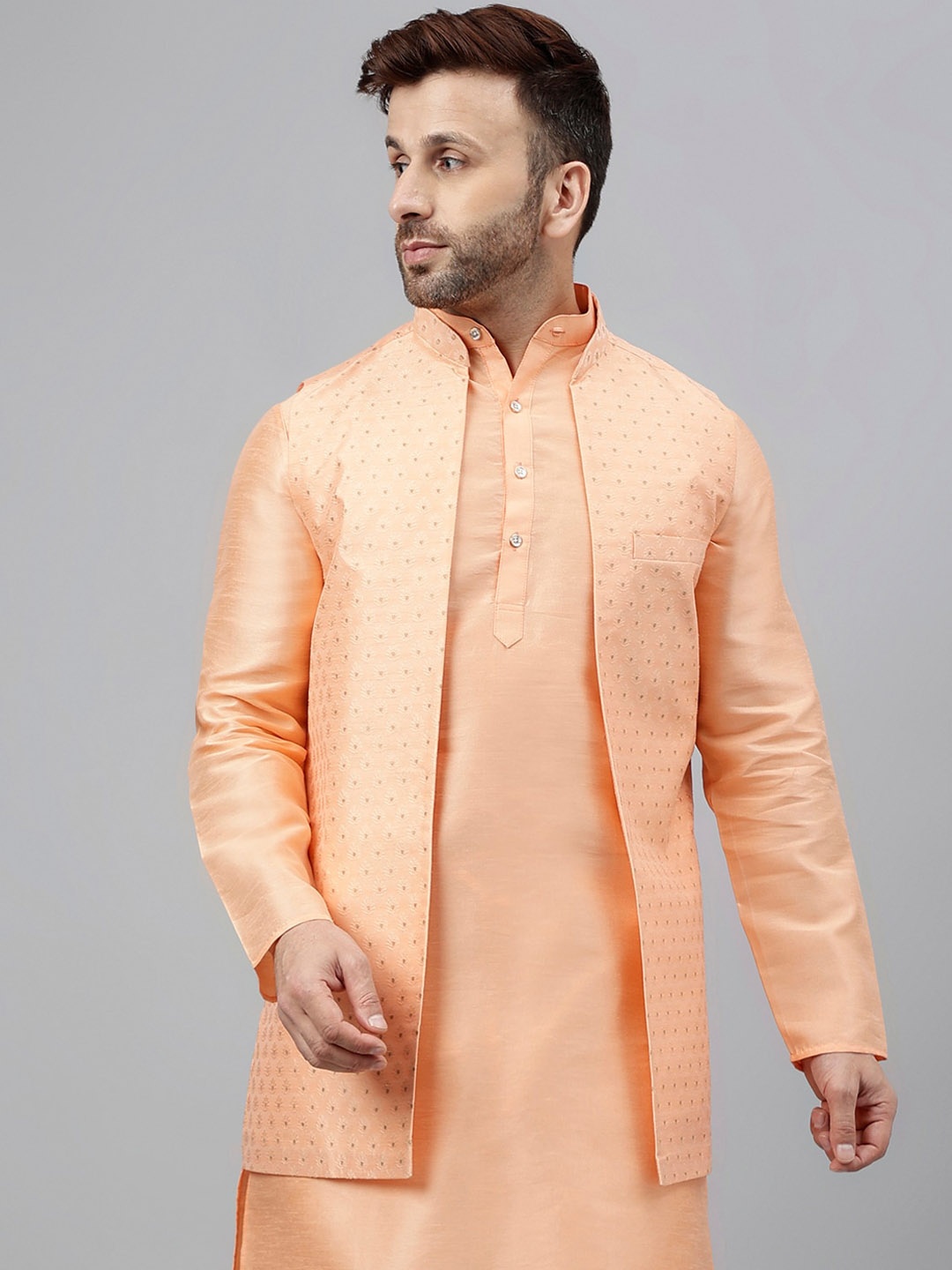 

hangup trend Woven-Design Nehru Jackets, Peach