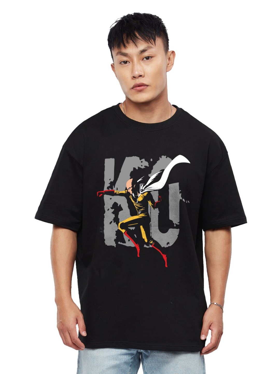 

Crazymonk Unisex One Punch Man Anime Printed Cotton Oversized T-shirt, Black